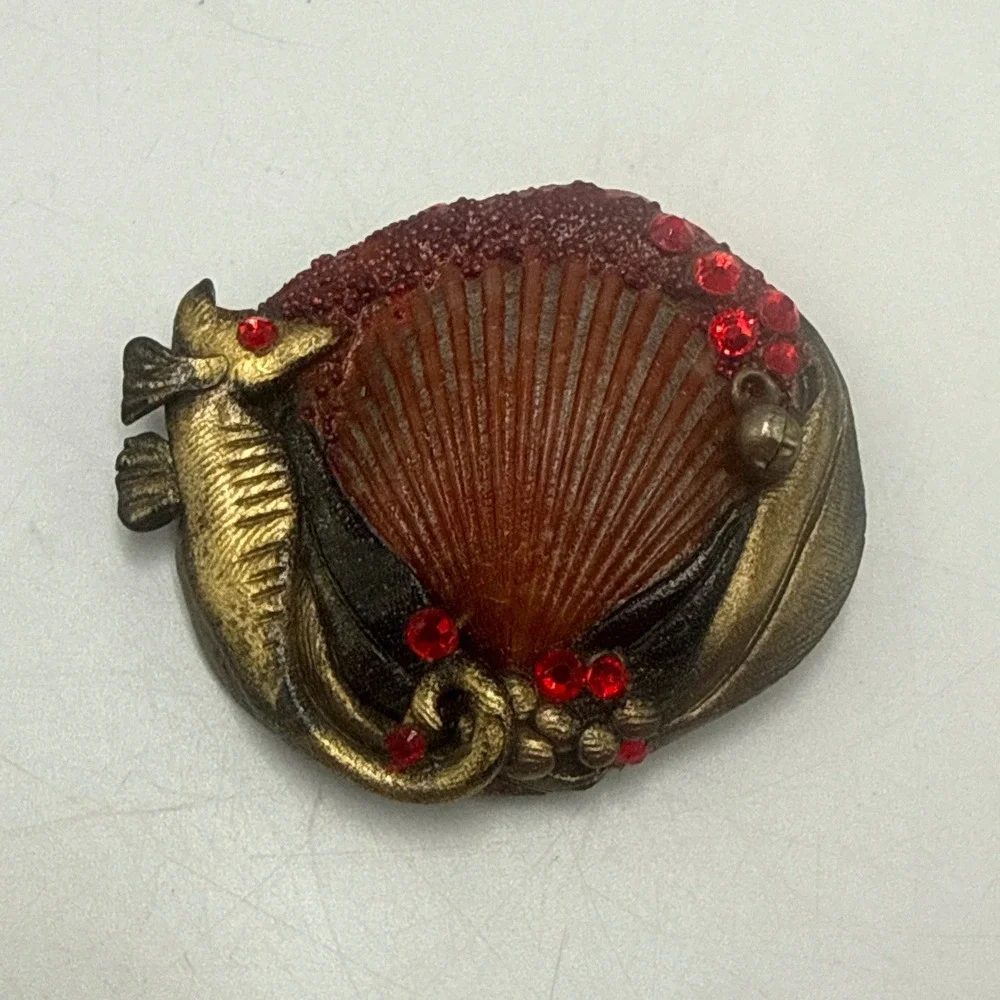 Kelly Miloro Artisan Seahorse Shell Brooch Red Rhinestone Nautical Art Pin
